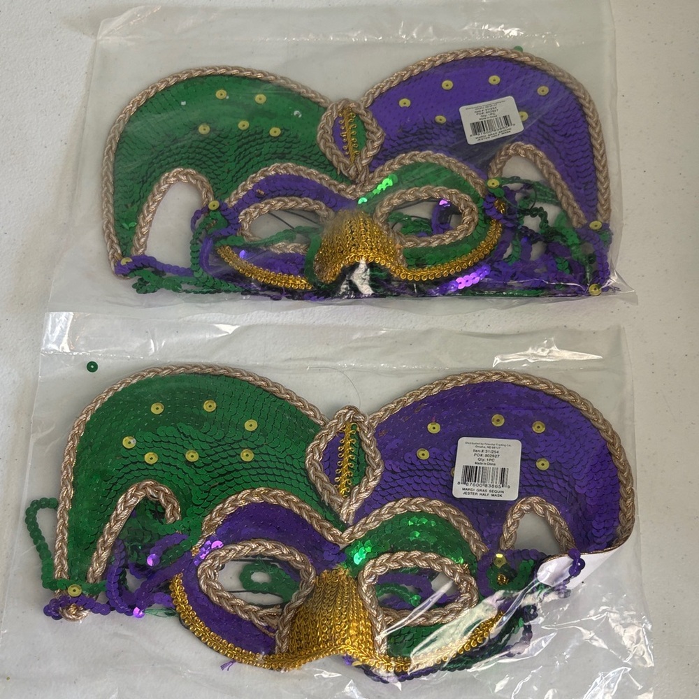 Mardi Gras Sequin Jester Half Mask Pair in Green, Purple & Gold with Dangles